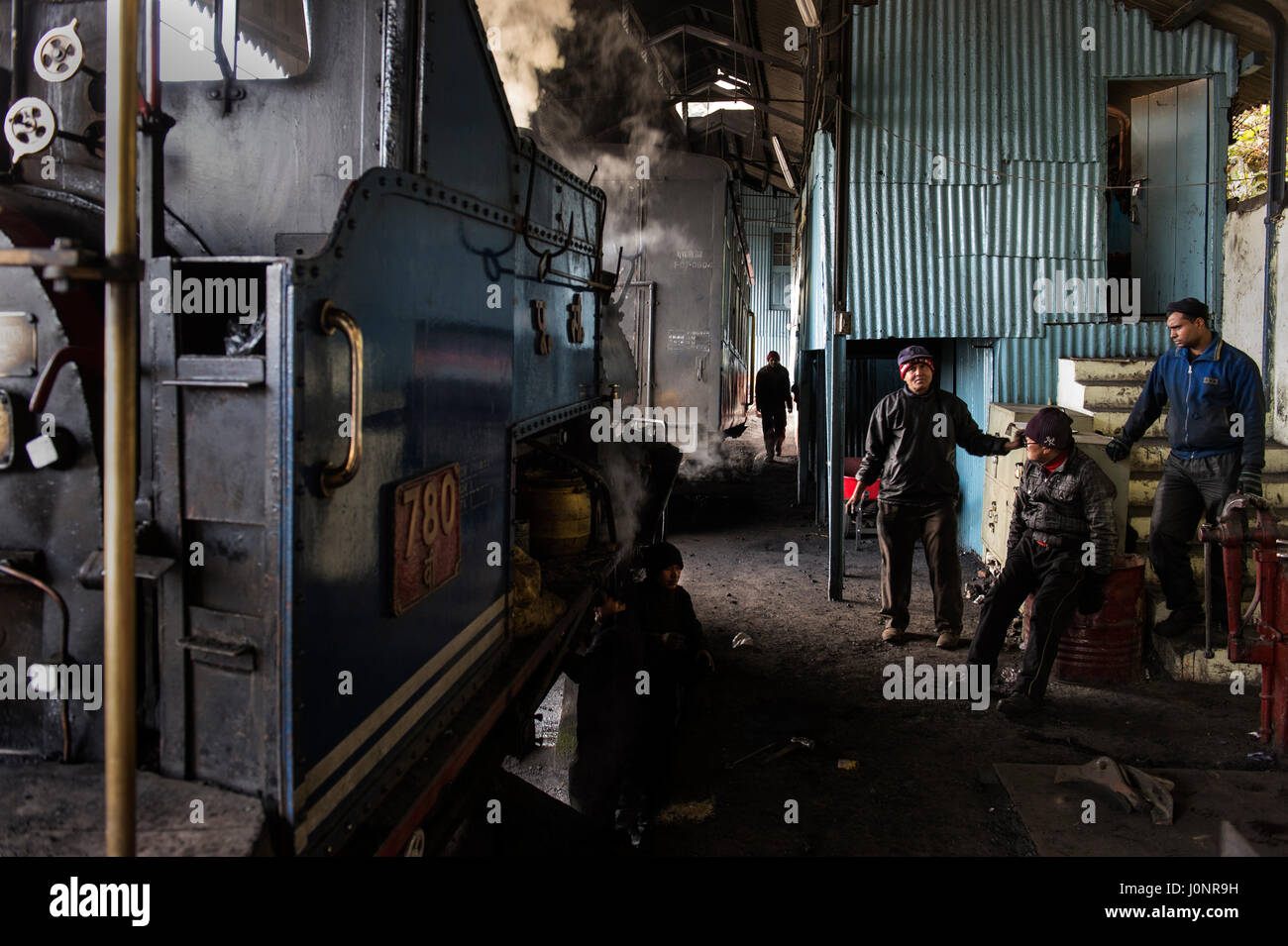 Servicing steam engines of the DHR - Darjeeling Himalayan Railway - or 'Toy Train', Darjeeling. Stock Photo