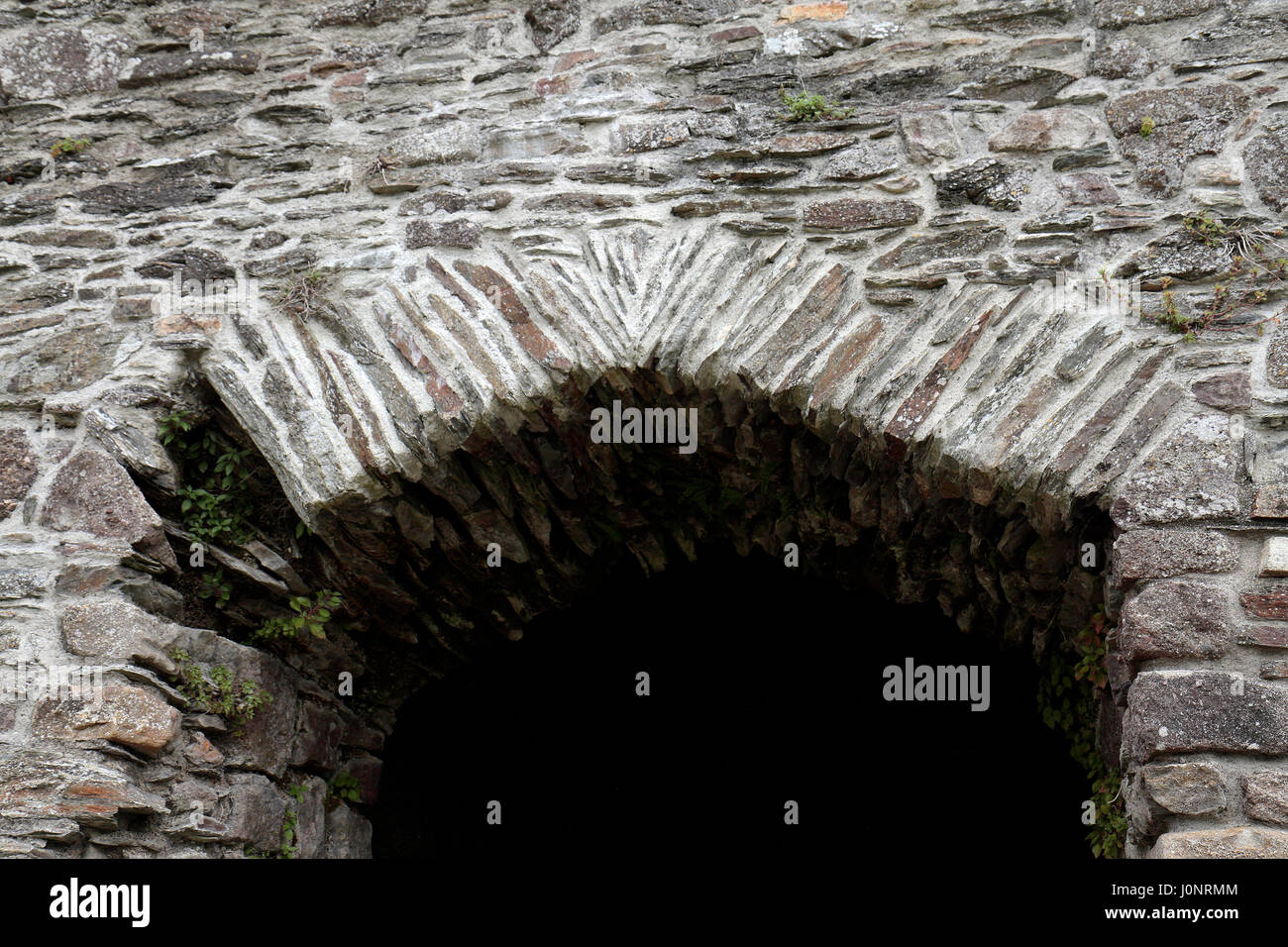 Distinct pointed stone Gothic arch above a doorway in Dunbrody Abbey, a former Cistercian monastery in County Wexford, Ireland, (Eire). Stock Photo