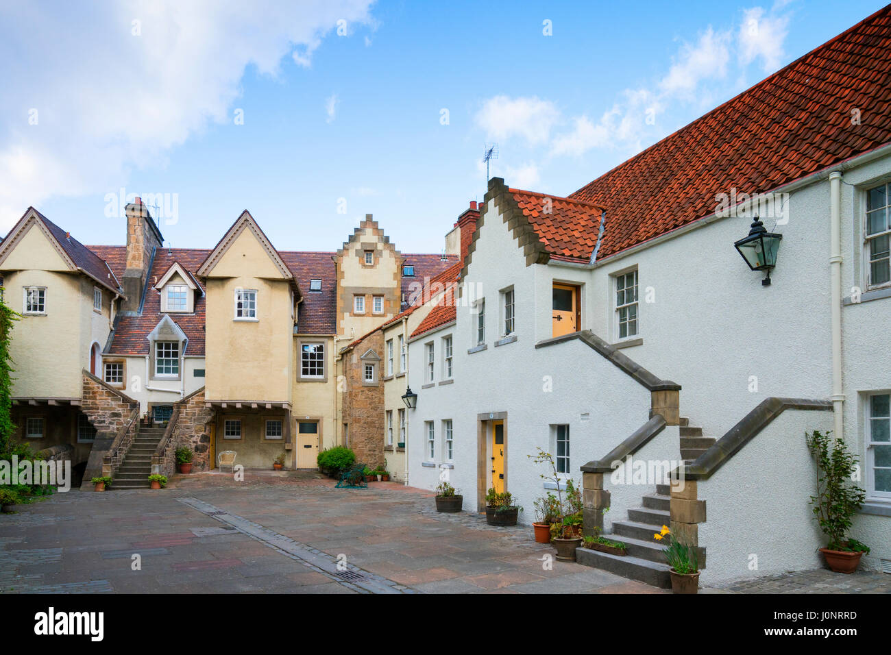 View of historic White Horse Close courtyard with houses in Holyrood, Edinburgh, Scotland
