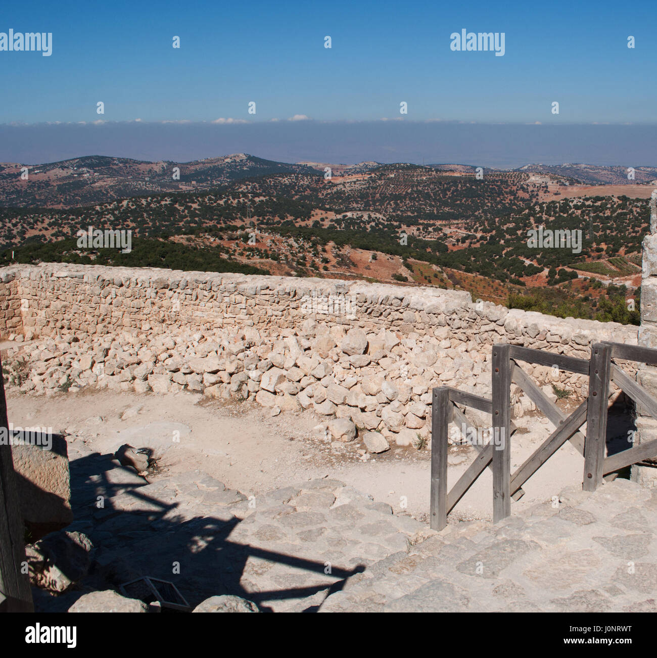 The Jordan Valley seen from the Ajloun Castle, Muslim castle built on a hilltop by the Ayyubids in the 12th century, enlarged by the Mamluks Stock Photo