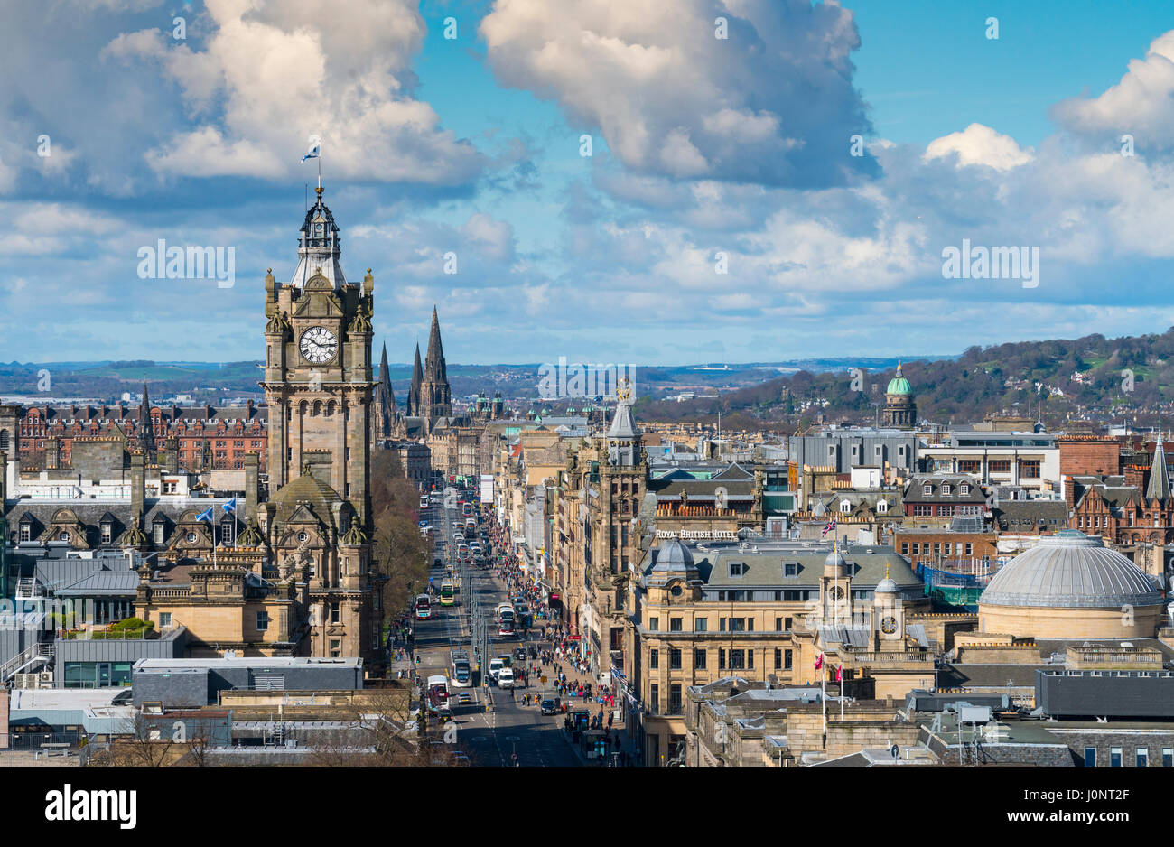 View along Princes Street from Calton Hill and skyline of Edinburgh, Scotland Stock Photo