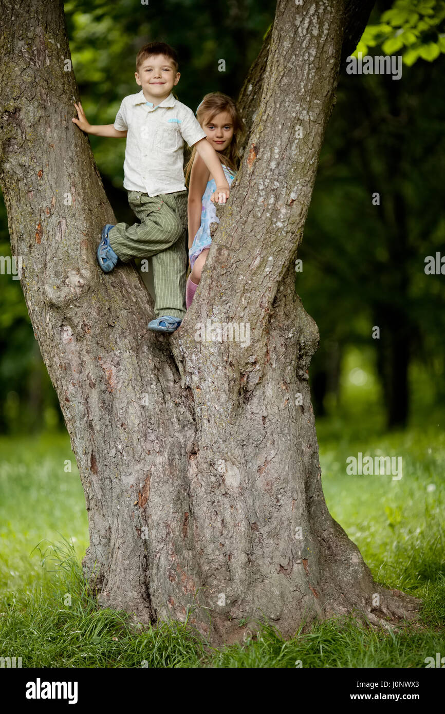 boy and girl climb big tree Stock Photo