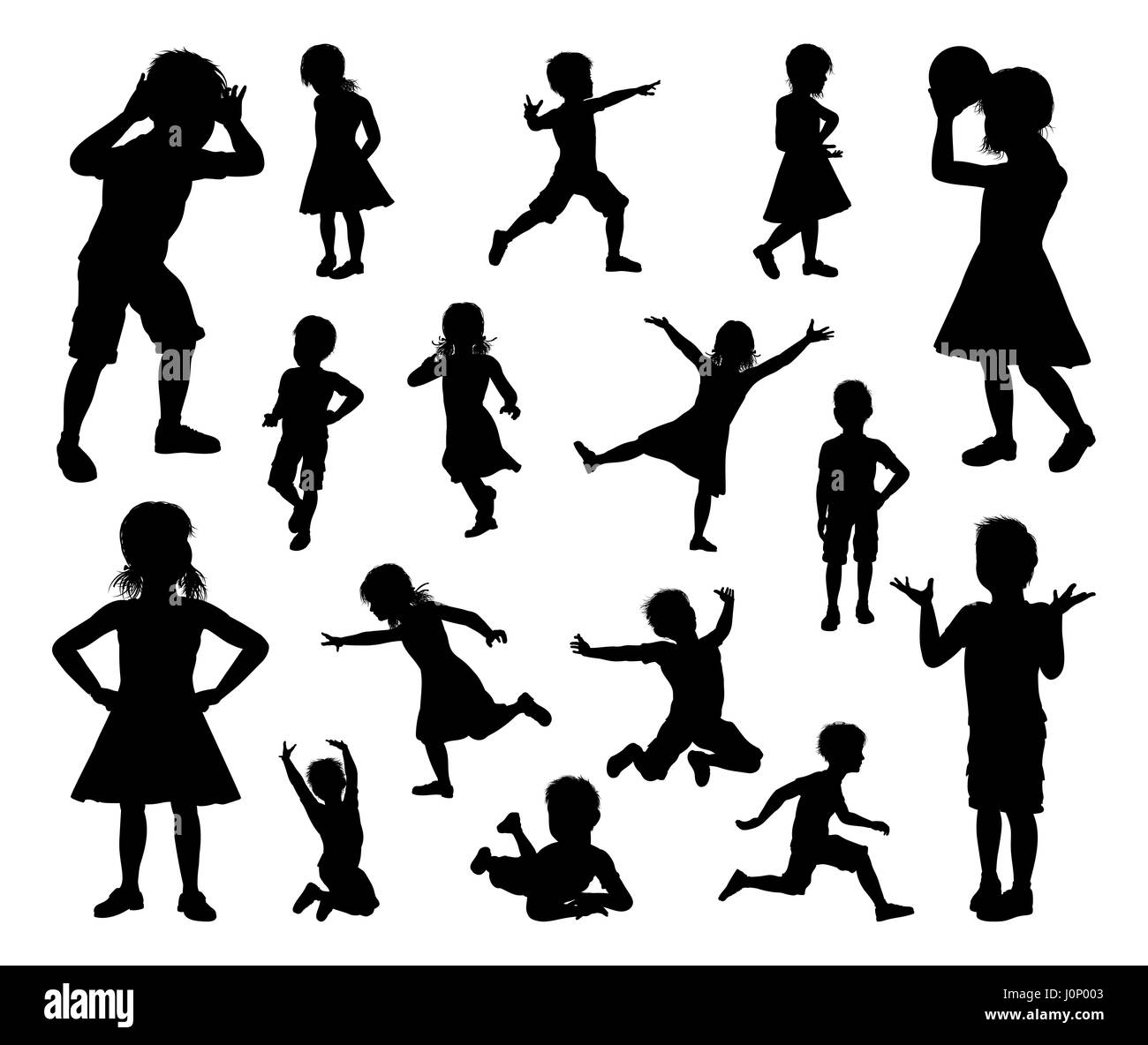 A set of kids or children in silhouette playing, running and jumping and other poses Stock Photo