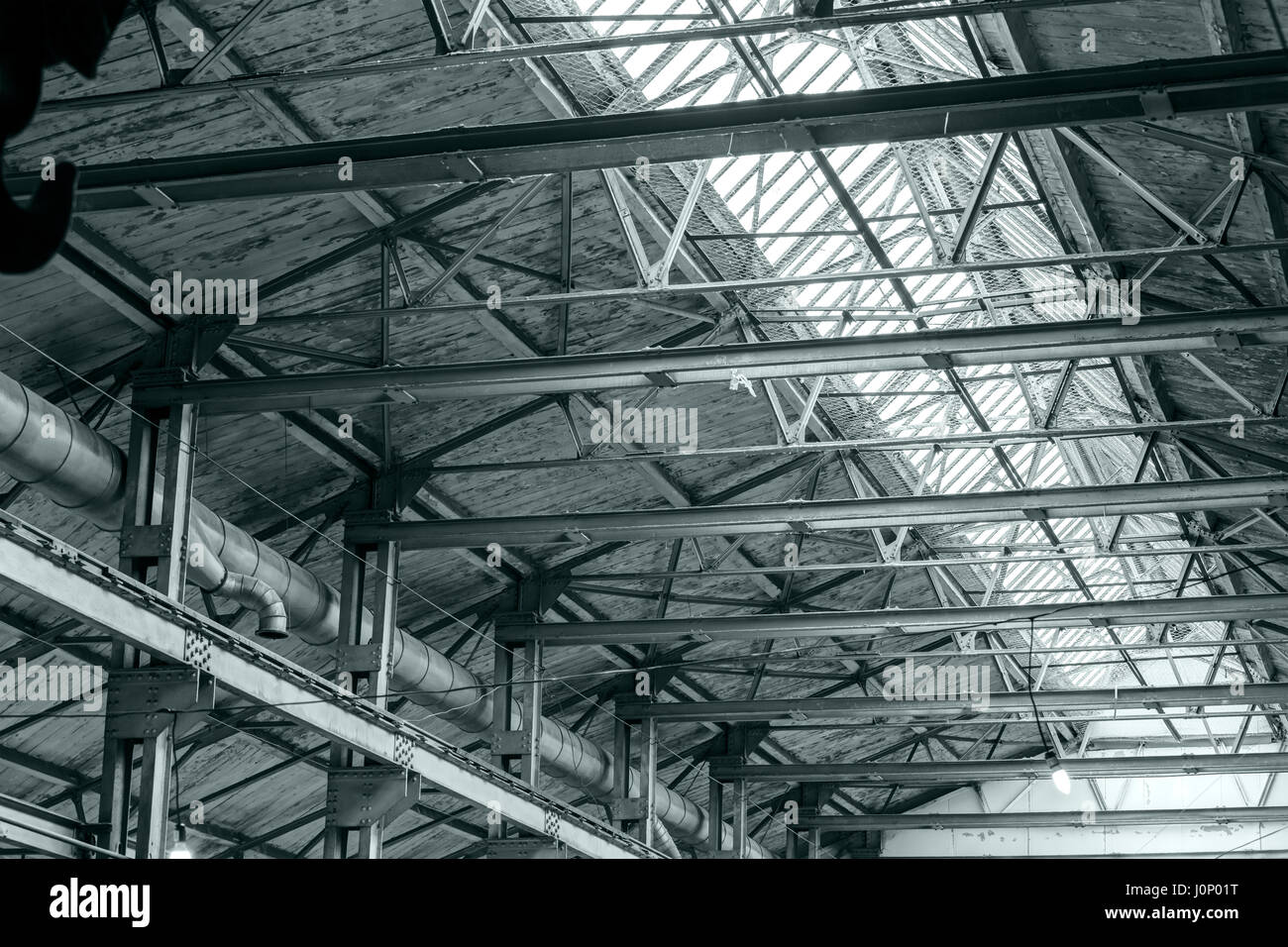 structure steel frame of metal industrial roof with skylights Stock Photo