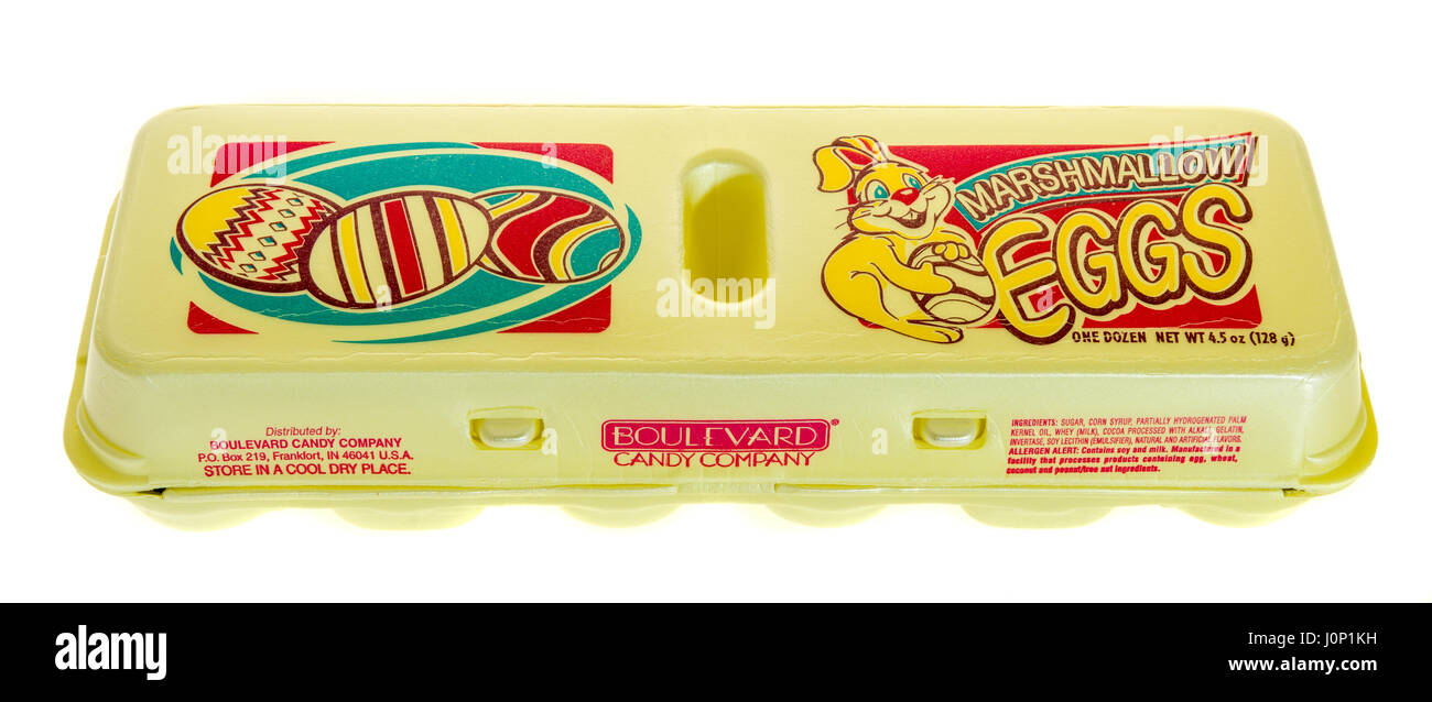 Winneconne, WI 24 February 2017 A carton of Marshmallow eggs made by the Booulevard Company