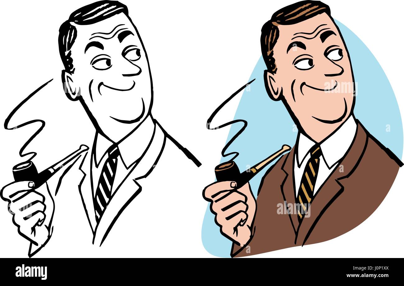 A portrait of a pleased looking man smoking a pipe. Stock Vector