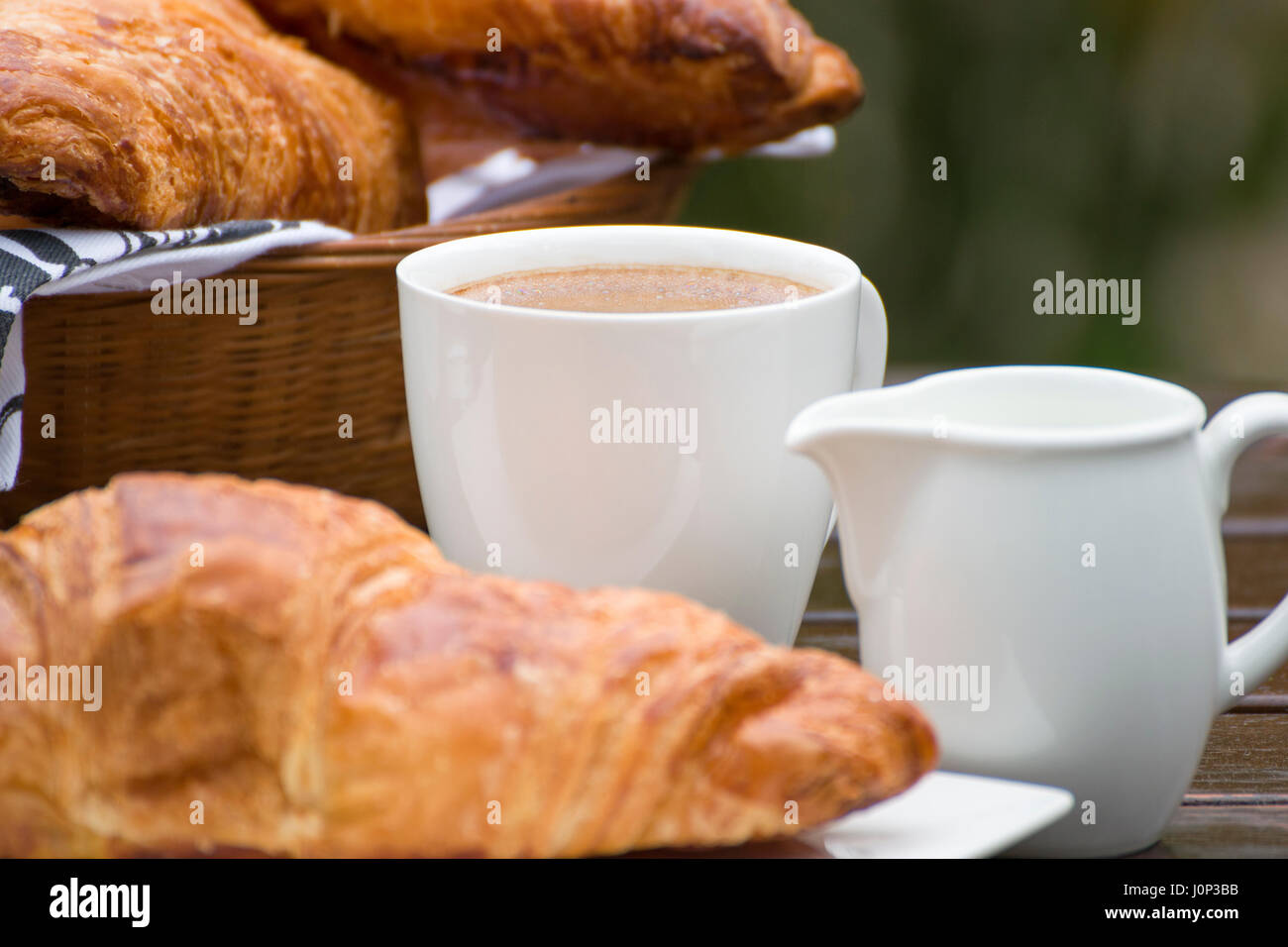 Coffee, milk and croissants in nature Stock Photo