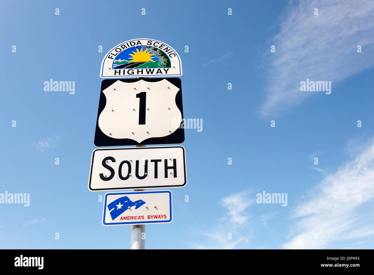 Marathon Key, Fl, USA - March 16, 2017: Florida scenic highway number one sign on Florida Keys, United States Stock Photo