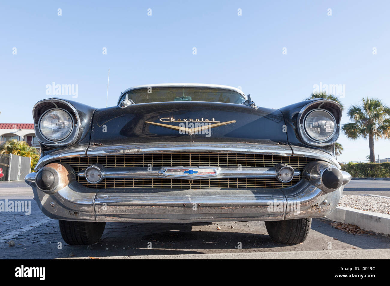 Naples, Fl, USA - March 18, 2017: Frontal view of the 1957 Chevrolet Bel Air. Naples, Florida, United States Stock Photo