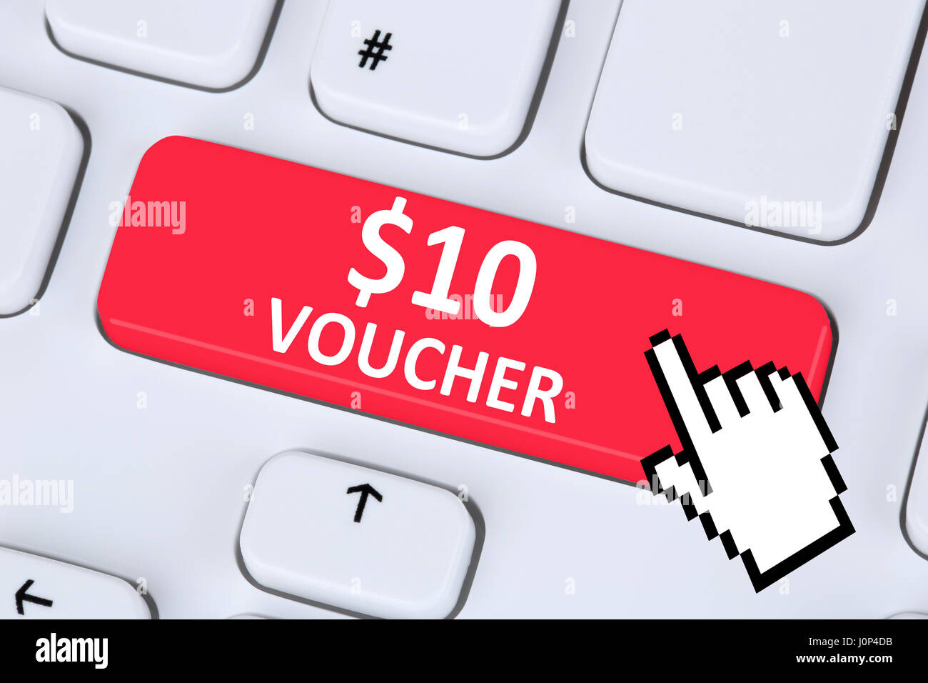 10 Dollar voucher gift discount sale online shopping internet shop computer Stock Photo