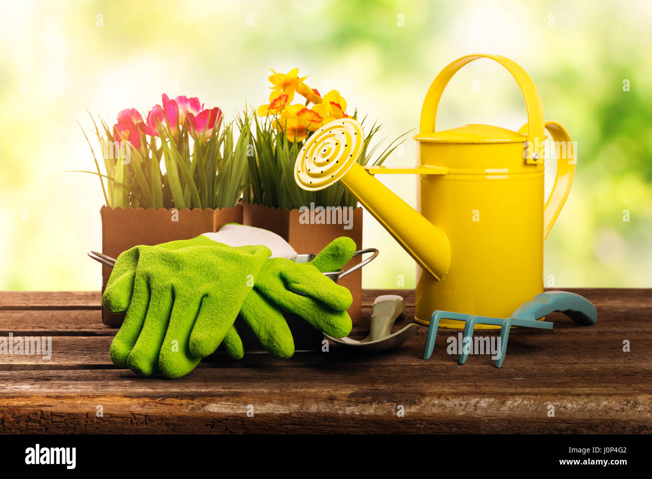 gardening tools and flowers on old wooden table in garden Stock Photo