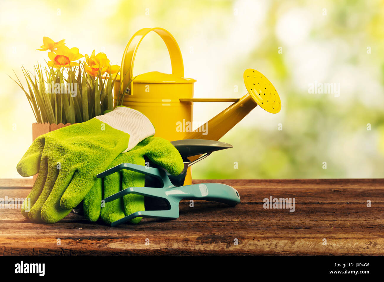 set of gardening tools on sunny bokeh garden background Stock Photo