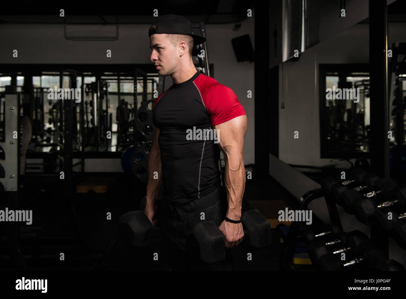 Young Man Working Out Biceps - Dumbbell Concentration Curls Stock Photo ...