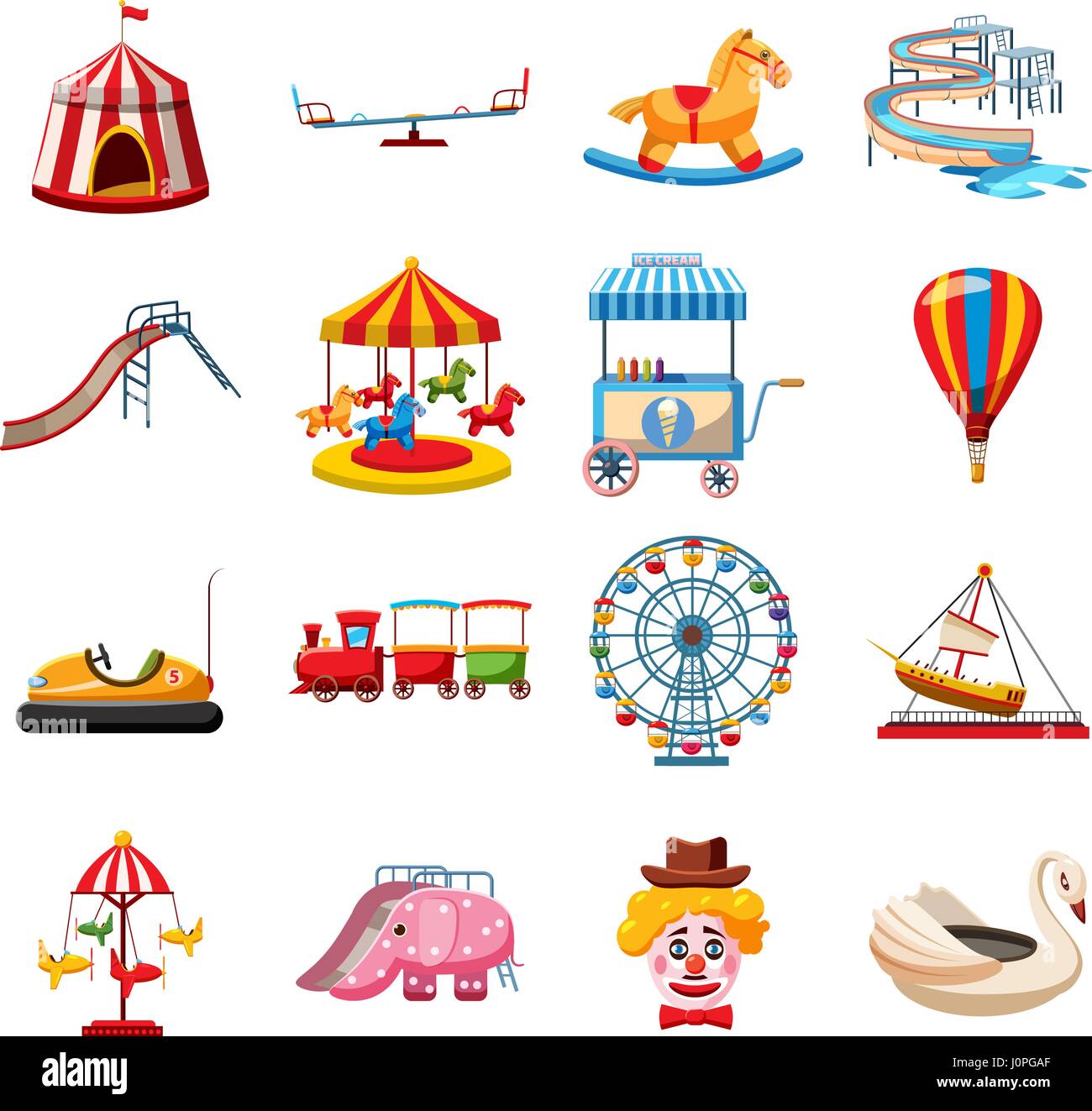 Amusement park icons set, flat style Stock Vector