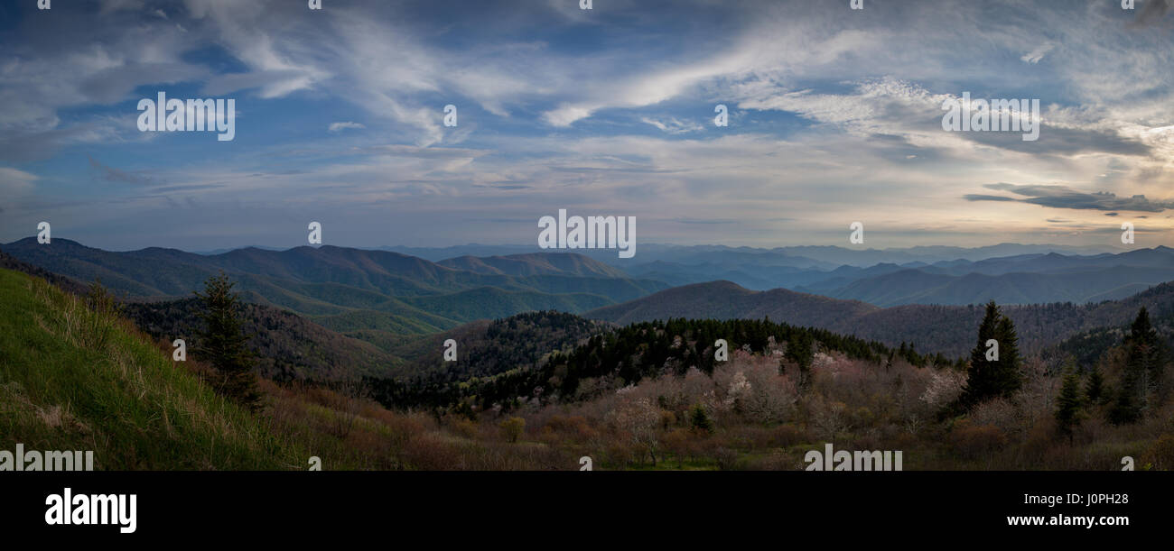 This is a 7 shot (vertical) panoramic image of the Nantahala National Forest from Cowhee Overlook on the Blue Ridge Parkway.  This point on the Blue Ridge Parkway is just slightly east of the highest point on the parkway (6200 ft.) at Richland Balsam. Stock Photo