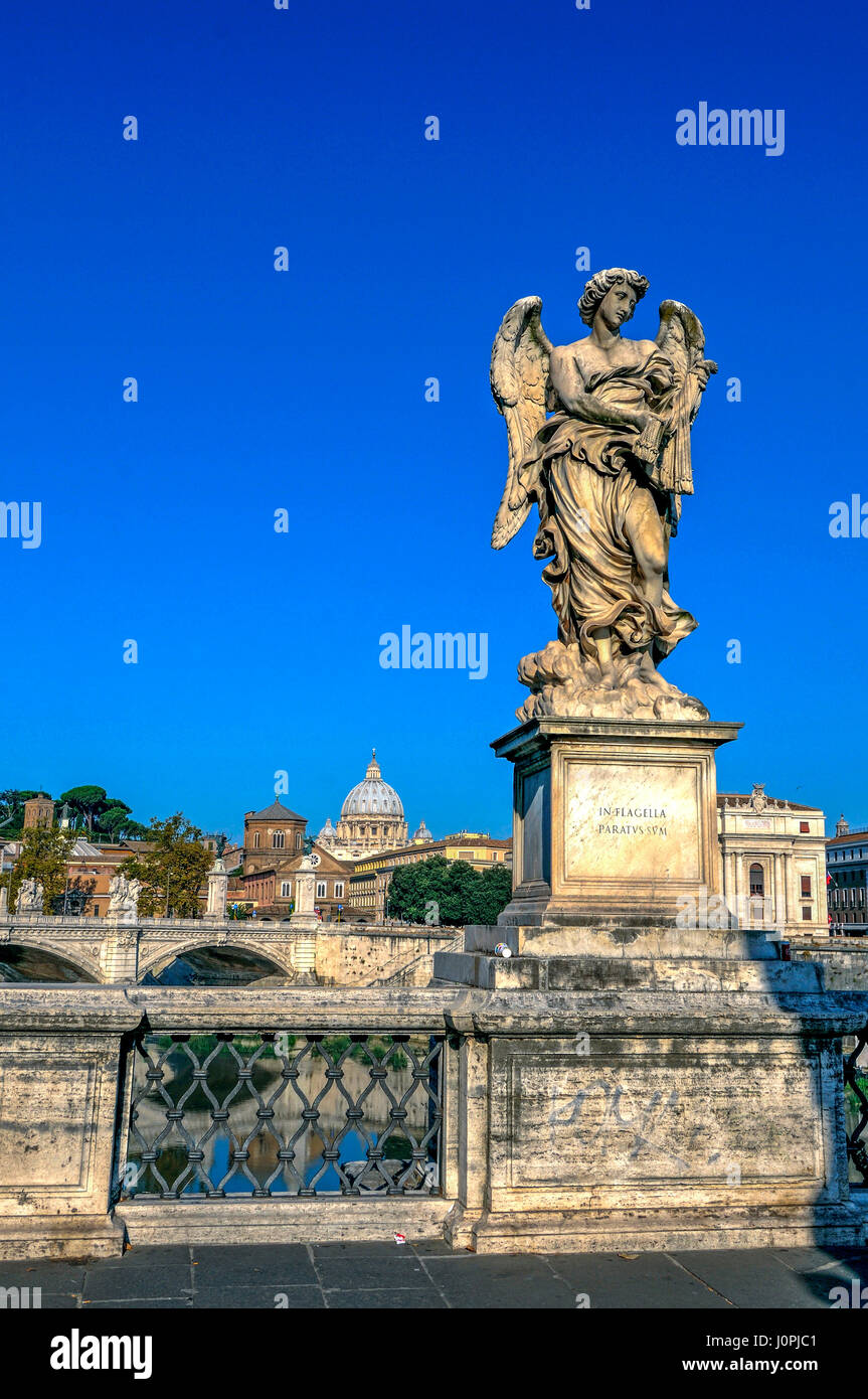 Bernini Statue on the Ponte Sant'Angelo in front of the Castle Sant'Angelo, River Tiber, Rome, Italy, Europe Stock Photo