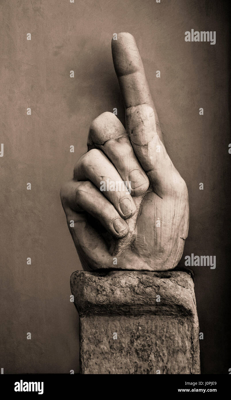Hand with pointing index finger, statue of Constantine, Palazzo dei Conservatori, Capitoline Museums, Rome, Italy, Europe Stock Photo