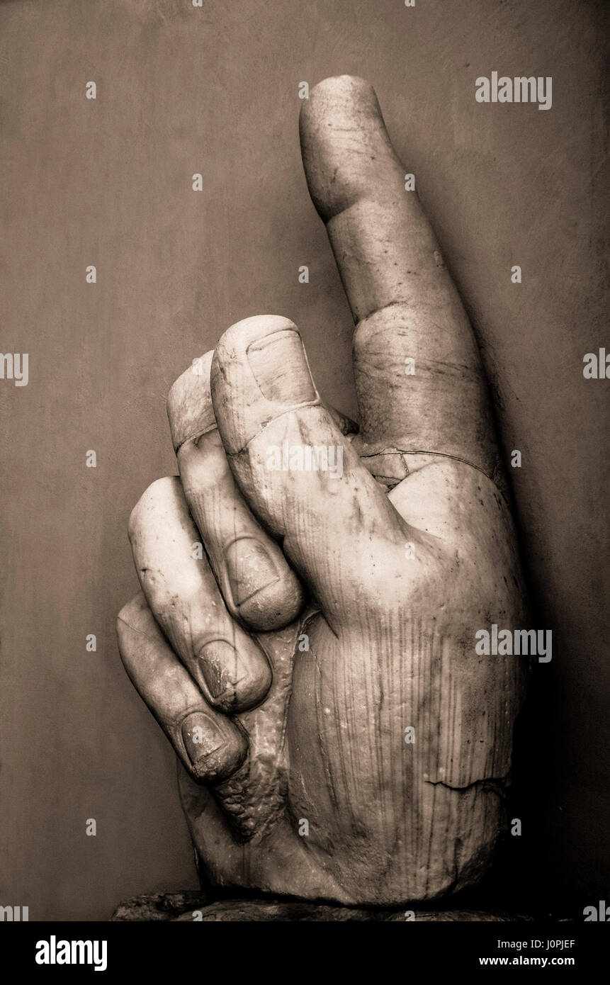 Hand with pointing index finger, statue of Constantine, Palazzo dei Conservatori, Capitoline Museums, Rome, Italy, Europe Stock Photo