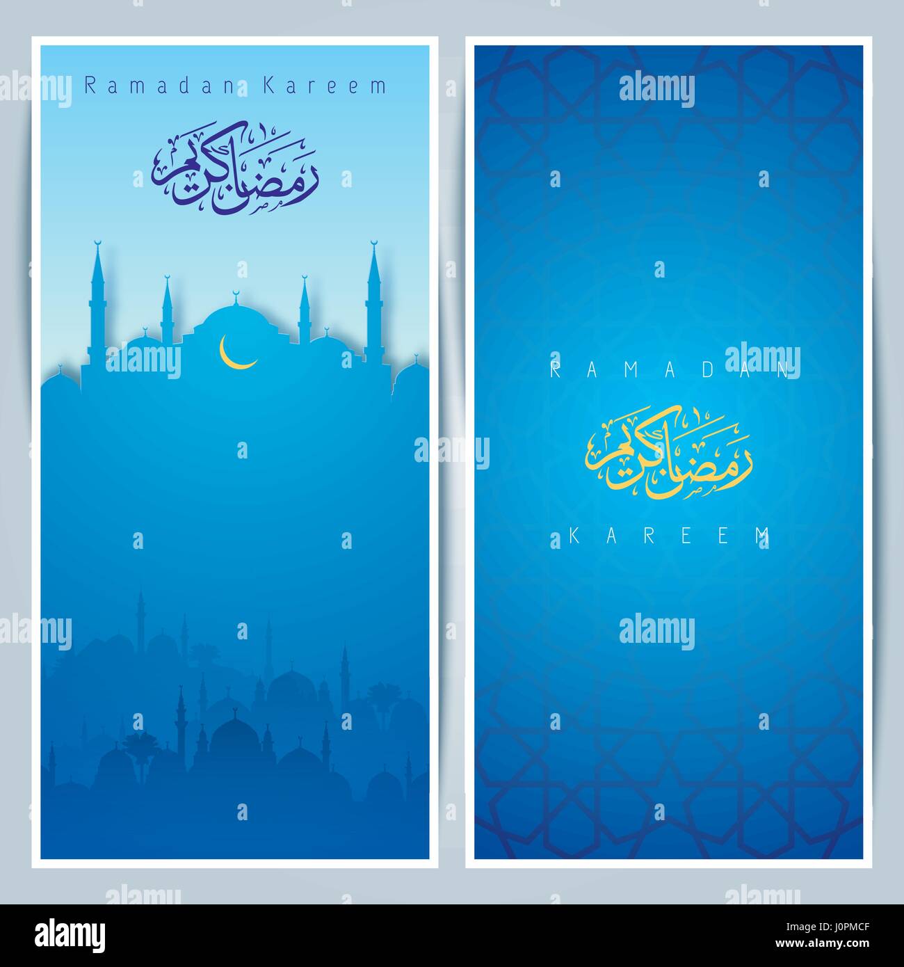 Islamic greeting card template with blue mosque and arabic pattern for