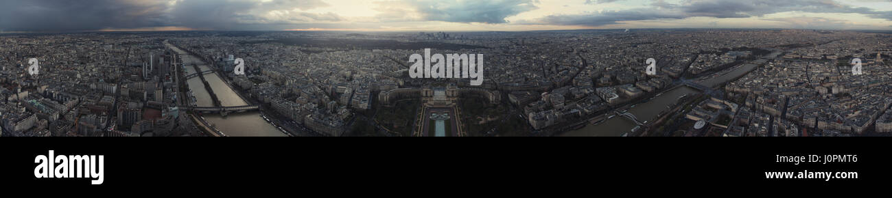 Panorama of Paris after the storm from Eiffel tower. View on Place du Trocadéro, Palais de Chaillot, Seine River, Pont de Bir-Hakeim, Allée des Cygnes Stock Photo