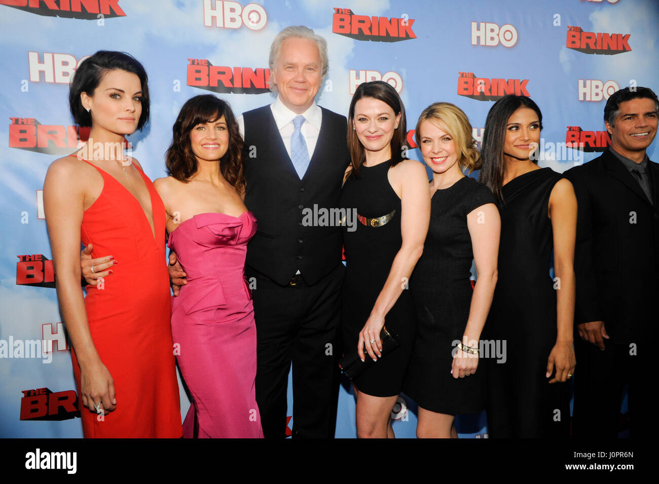 (L-R) Actresses Jaimie Alexander, Carla Gugino, actor Tim Robbins, actresses Maribeth Monroe, Mary Faber and Melanie Kannokada attend HBO 'The Brink' Los Angeles Premiere at Paramount Theater on Paramount Studios lot on June 8th, 2015 in Los Angeles, Cali Stock Photo