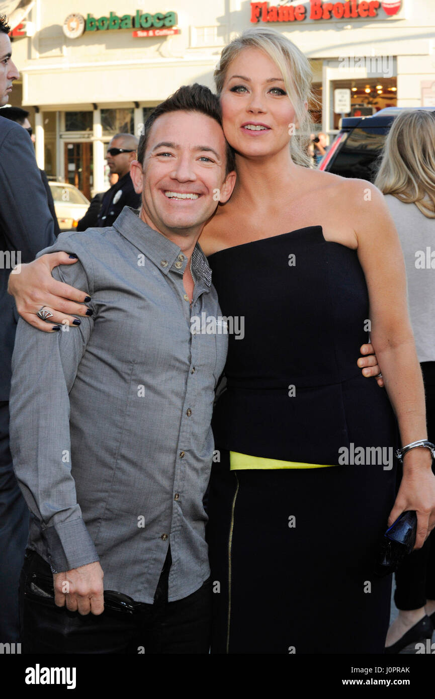 Actors David Faustino and Christina Applegate attend the VACATION premiere at the Westwood Village Theatre on July 27th, 2015 in Los Angeles, California. Stock Photo