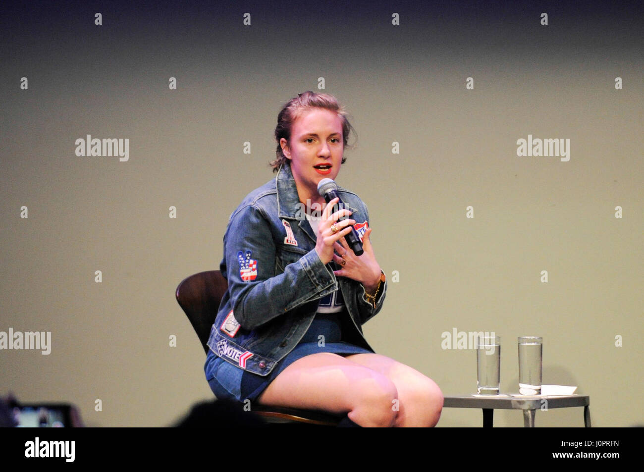 Lena Dunham speaking at a conversation with Chelsea Clinton at NeueHouse on March 20, 2016 in Los Angeles, California. Stock Photo