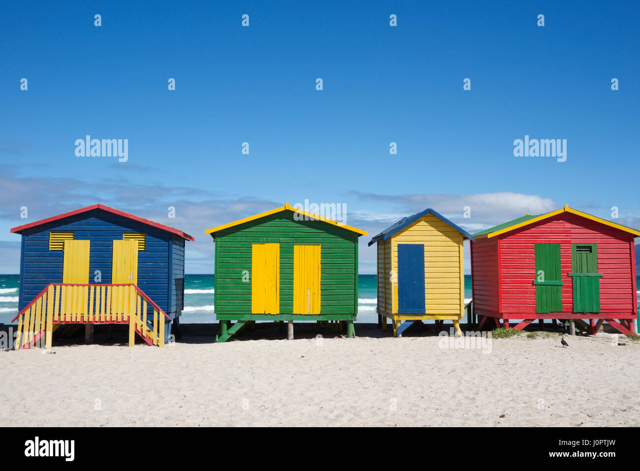 Colourful painted Victorian beach huts Muizenberg Beach  Cape Peninsular cape Town South Africa Stock Photo