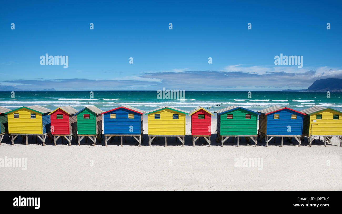 Colourful painted Victorian beach huts Muizenberg Beach Cape Peninsular Cape Town South Africa Stock Photo