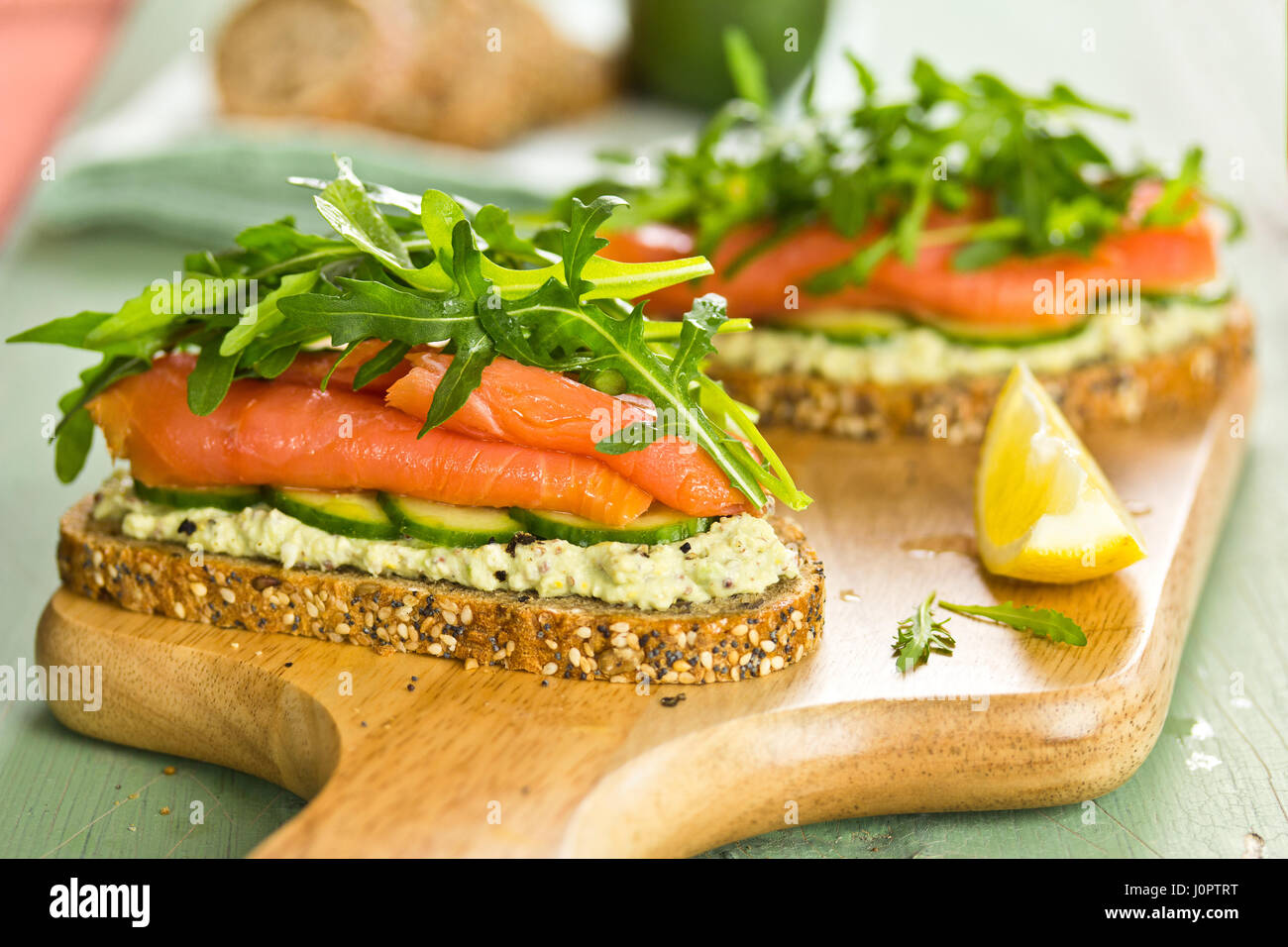 Open Face Sandwich With Cottage Cheese Cucumber Rucola And
