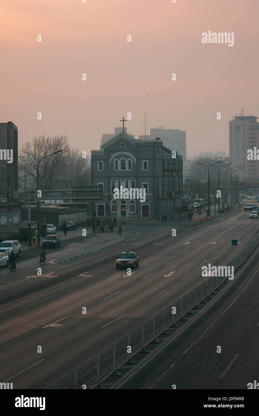 24 October,2014 - Beijing China. Air pollution in Beijing China city center,countless cars stuck on the road Stock Photo