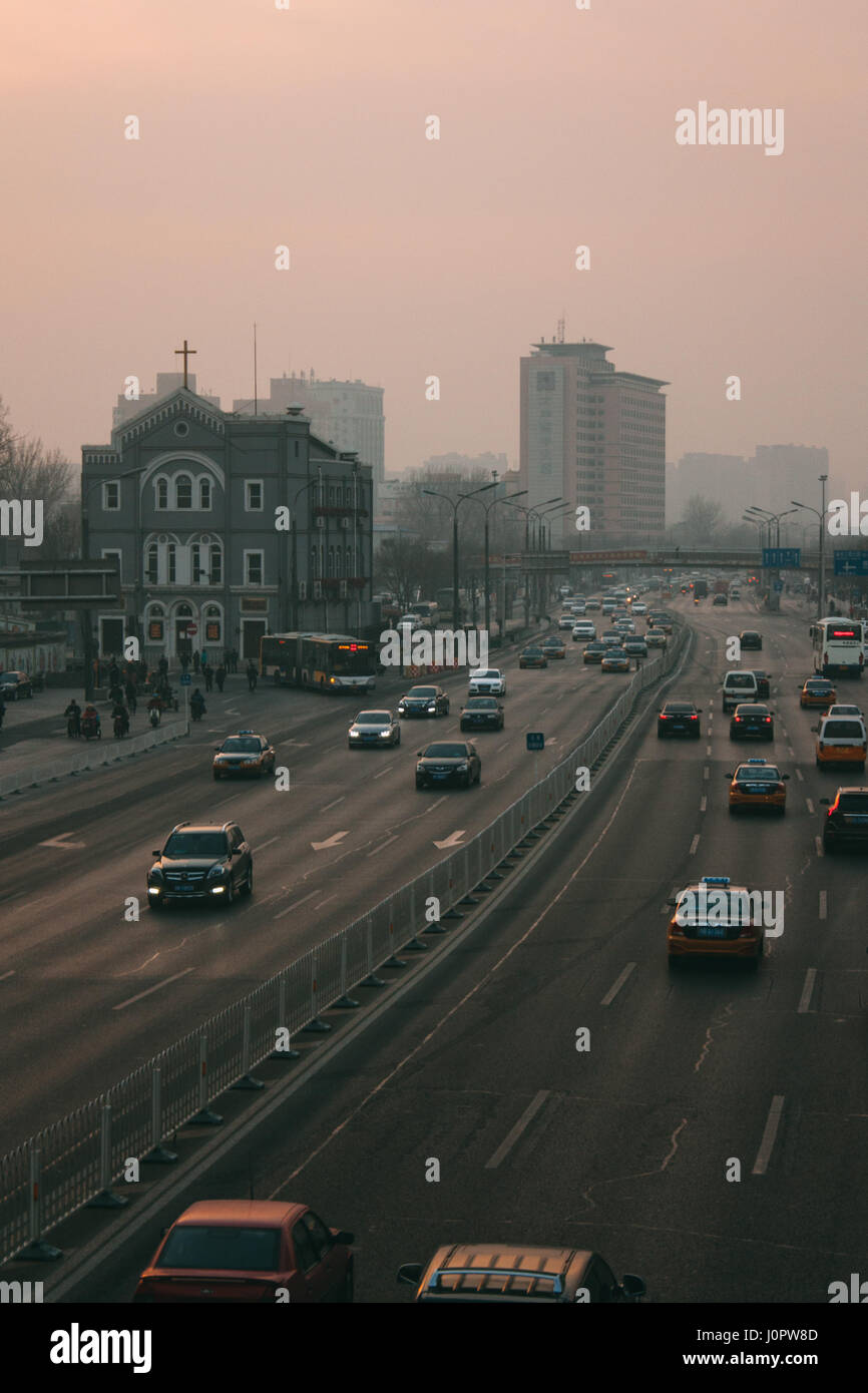 24 October,2014 - Beijing China. Air pollution in Beijing China city center,countless cars stuck on the road Stock Photo