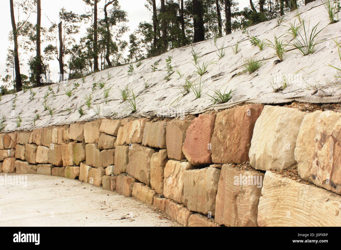 Sandstone retaining wall with native plants and erosion prevention cloth Stock Photo