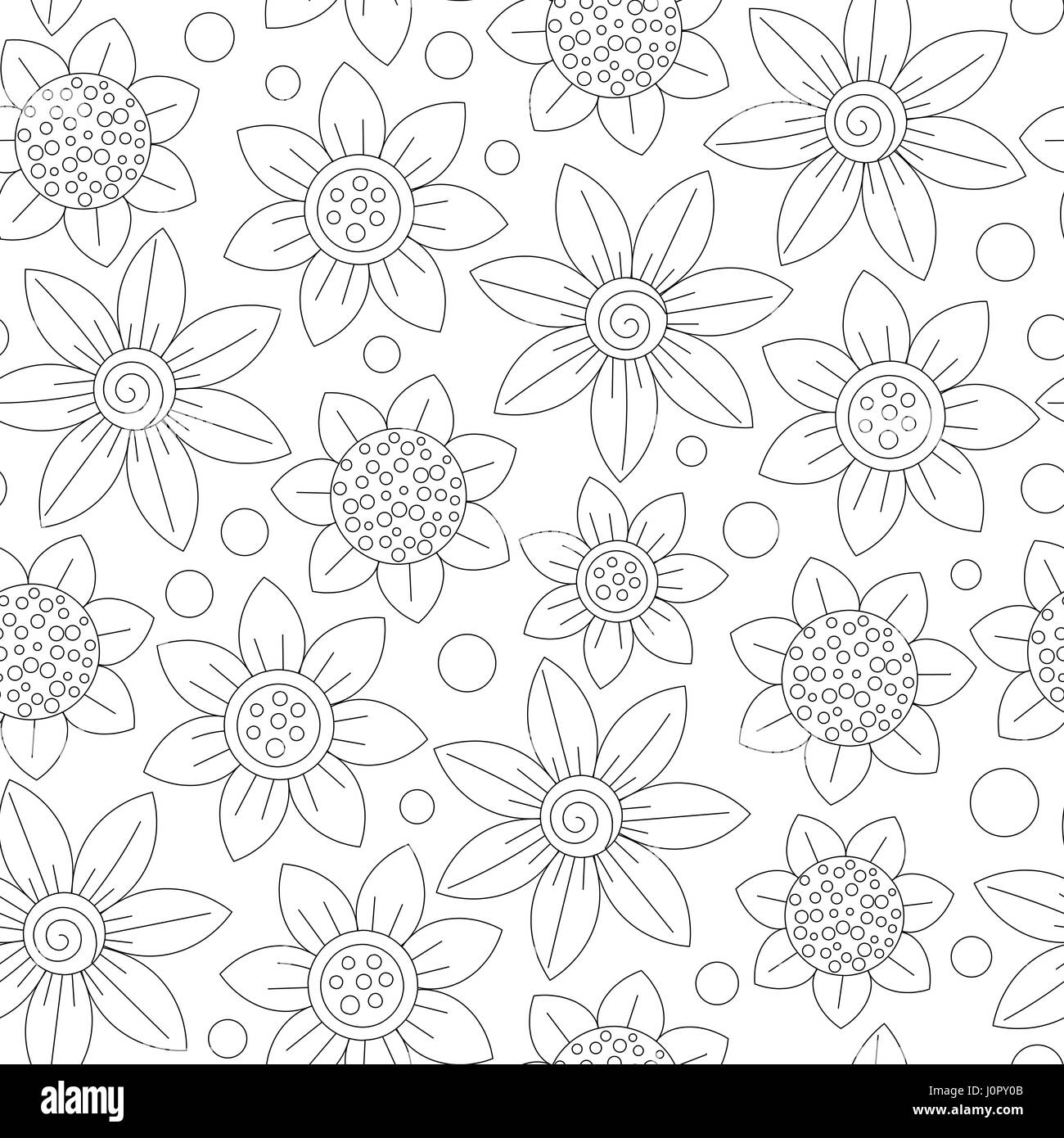 Floral seamless cute pattern simple design. Primitive flowers line ornament. Black outline on white background. Coloring book page. Vector illustratio Stock Vector