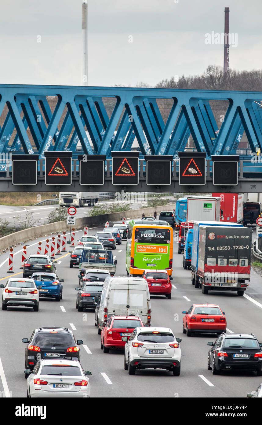 Autobahn A3 highway, near Cologne, Germany, traffic jam,  traffic signs, Stock Photo