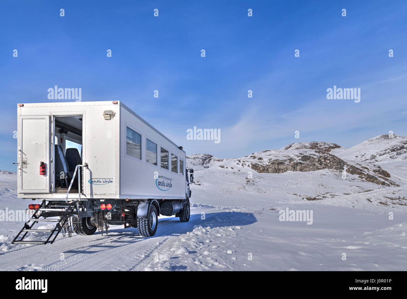 4WD tourist bus in Kangerlussuaq, Artic Circle, Greenland, Europe Stock Photo