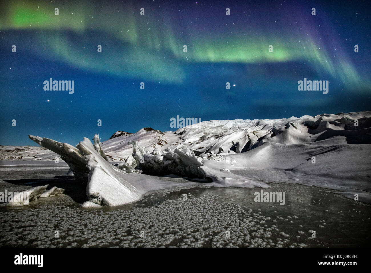 Northern Lights over Russell Glacier, Kangerlussuaq, Artic Circle, Greenland, Europe Stock Photo