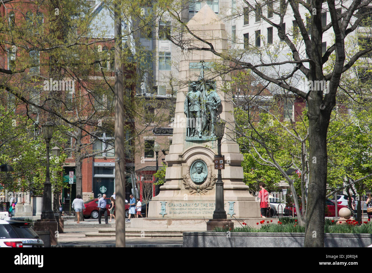 Civil War memorial to the Grand Army of the Republic on a warm spring