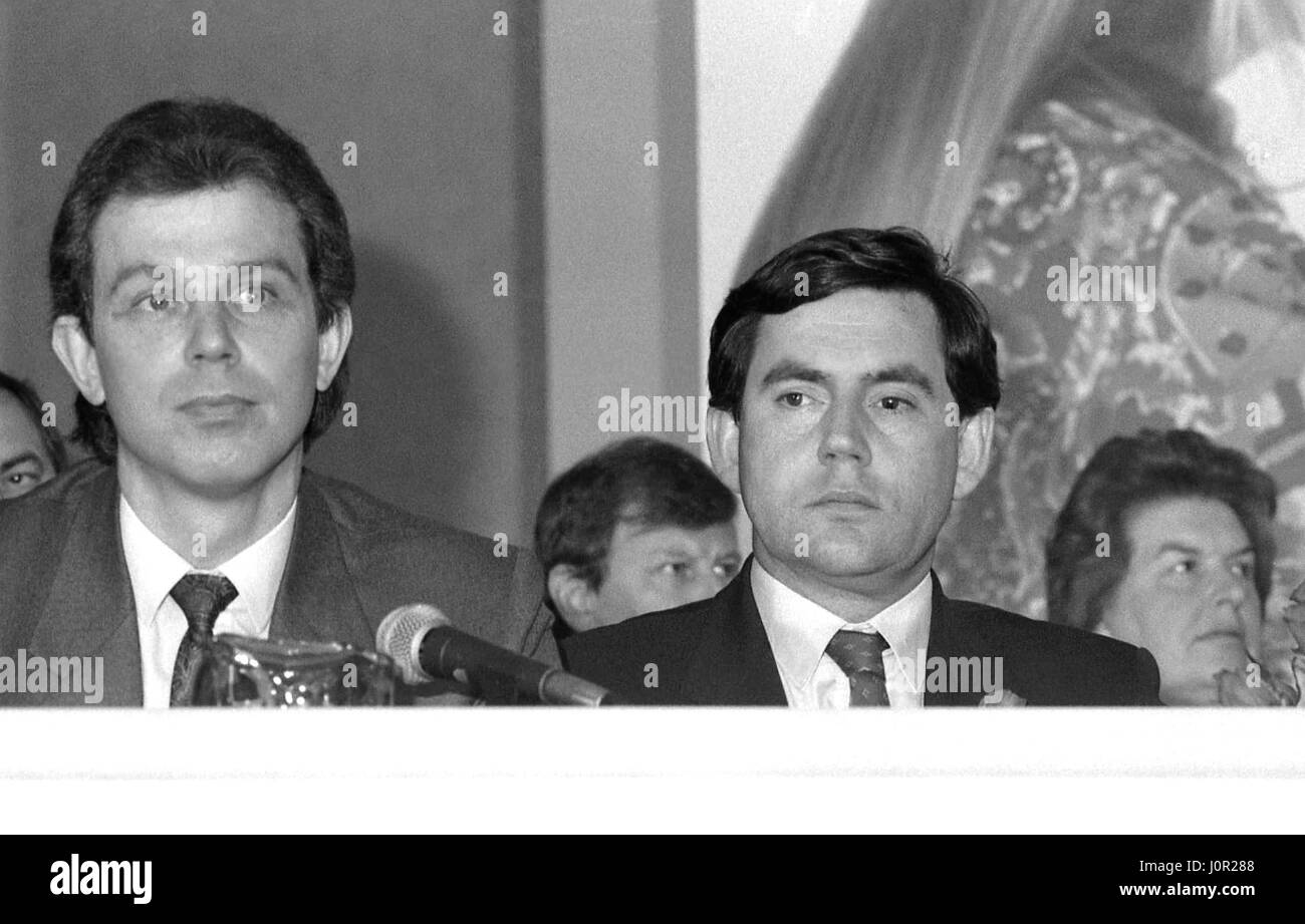 Tony Blair (left), Shadow Secretary of State for Employment and Gordon Brown, Shadow Secretary of State for Trade and Industry, attend a Labour party policy launch press conference in London, England on May 24, 1990. Both men later became party Leader and Prime Minister of Britain. Stock Photo