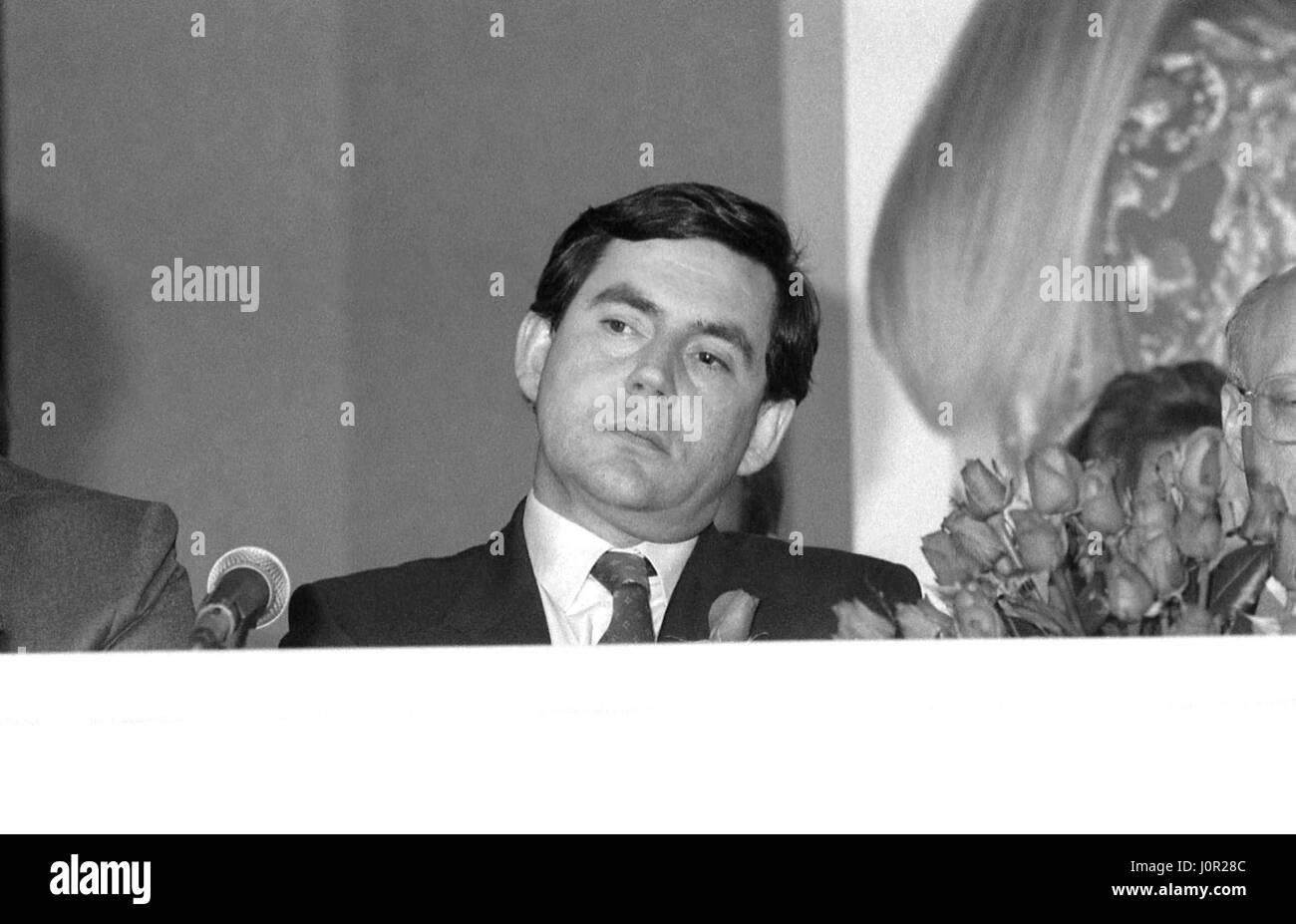 Gordon Brown, Shadow Secretary of State for Trade and Industry and Labour party Member of Parliament for Dunfermiline East, attends a policy launch press conference in London, England on May 24, 1990. Stock Photo