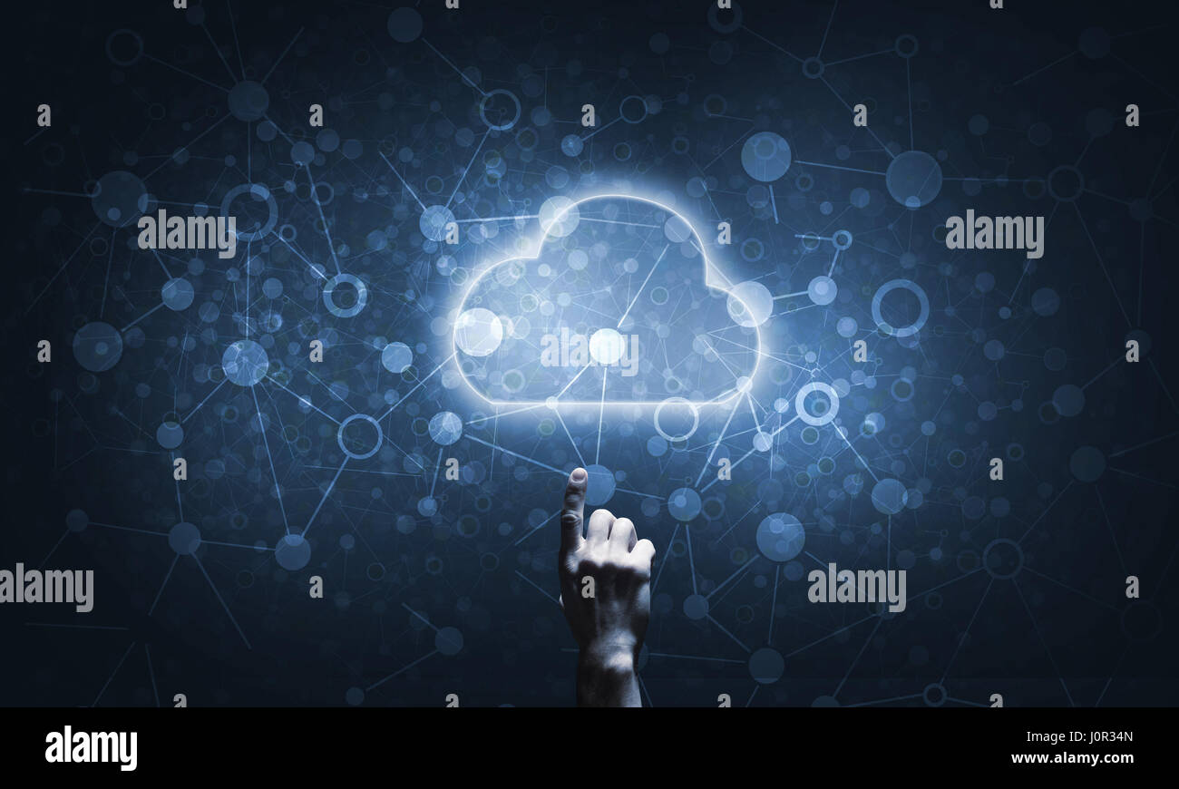 Technology idea concept with glowing cloud icon and touching it finger ...