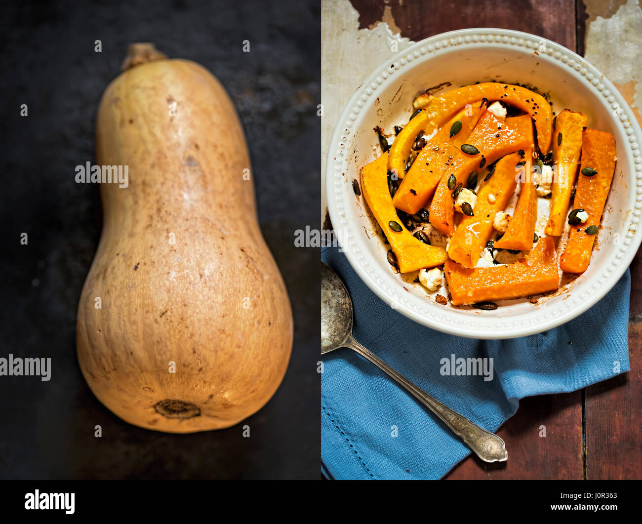 Diptych of butternut squash and roasted pumpkin with feta cheese Stock Photo