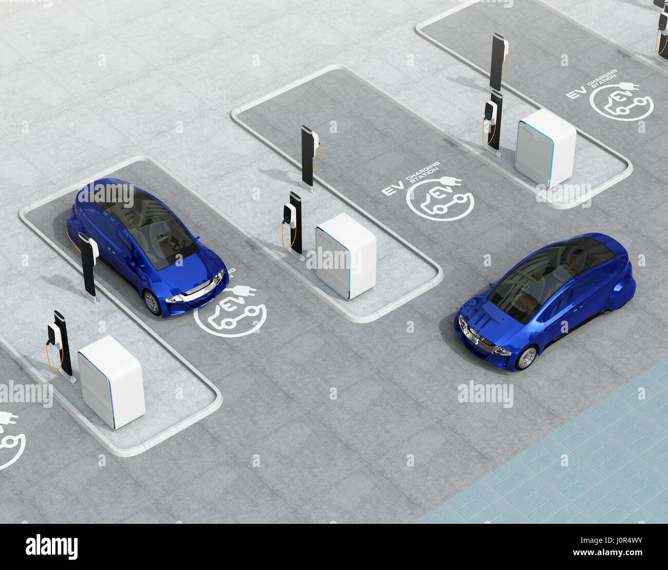 Blue electric car in EV charging station. 3D rendering image. Stock Photo