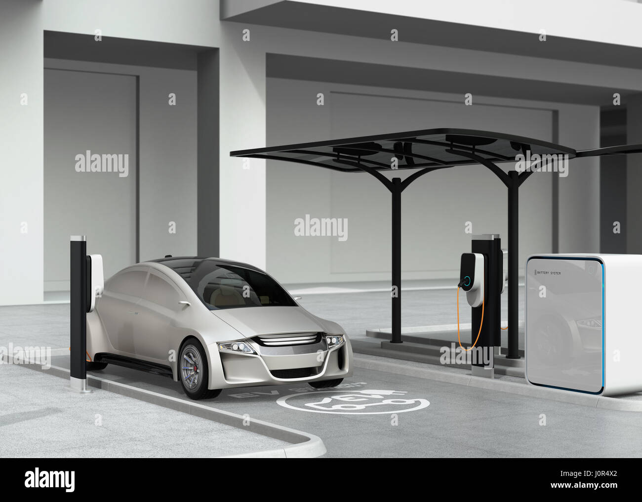 Silver autonomous car in electric vehicle charging station. 3D