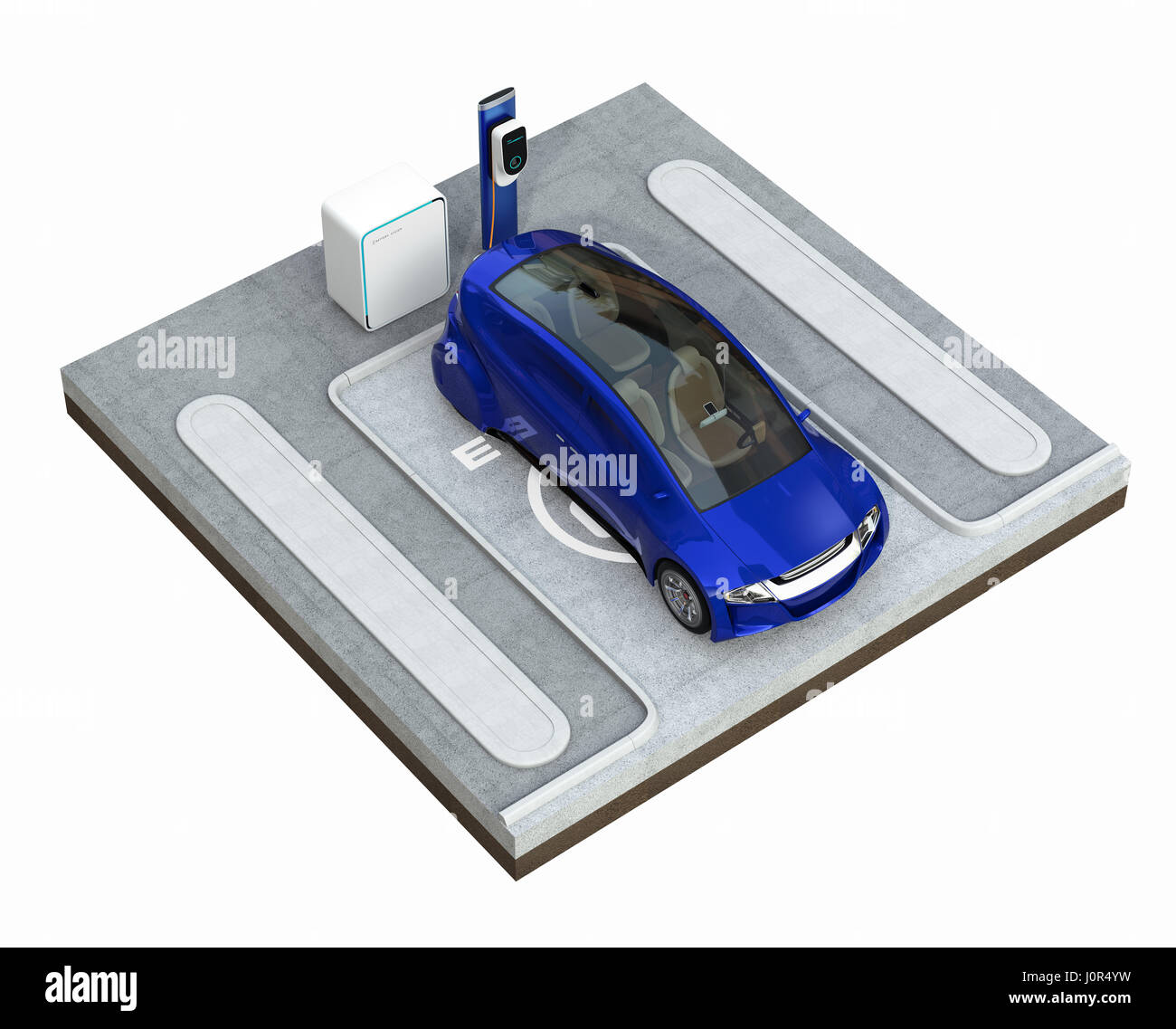 Empty electric vehicle parking lot equip with charging station. 3D rendering image. Stock Photo