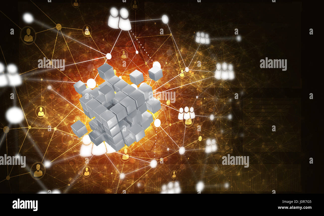 Concept of Internet and networking with digital cube figure on dark ...