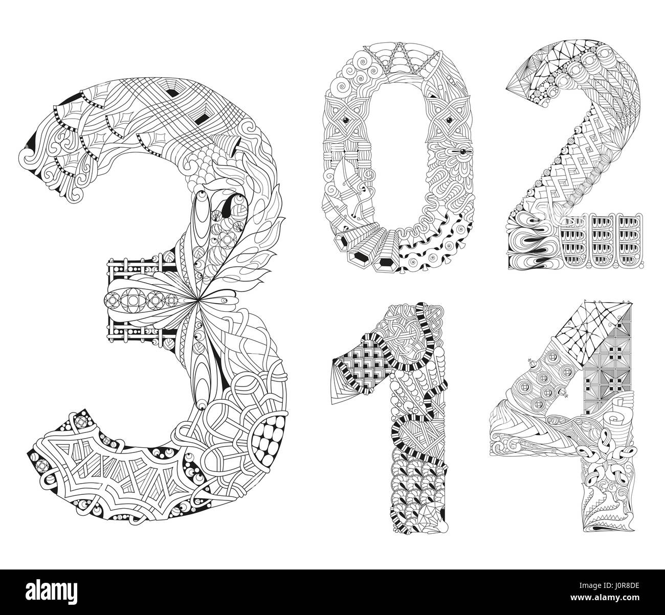 set of number zero, one, two, three, four Zentangle. Vector decorative objects Stock Vector