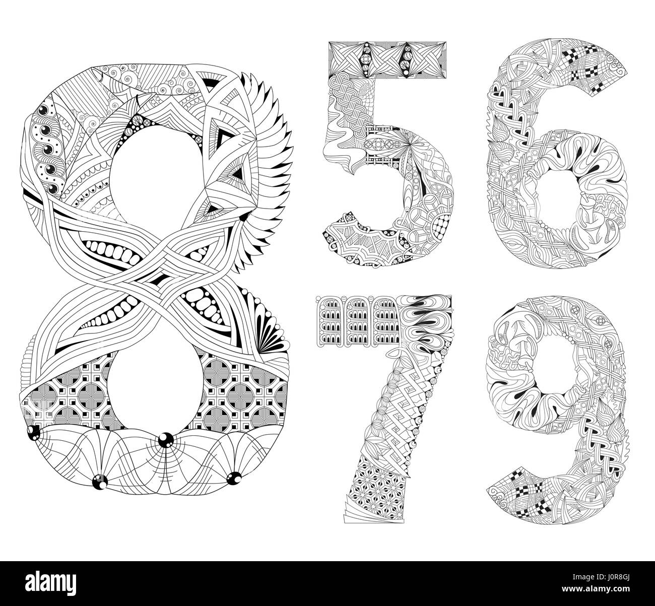 set of number five, six, seven, eight, nine Zentangle. Vector decorative objects Stock Vector