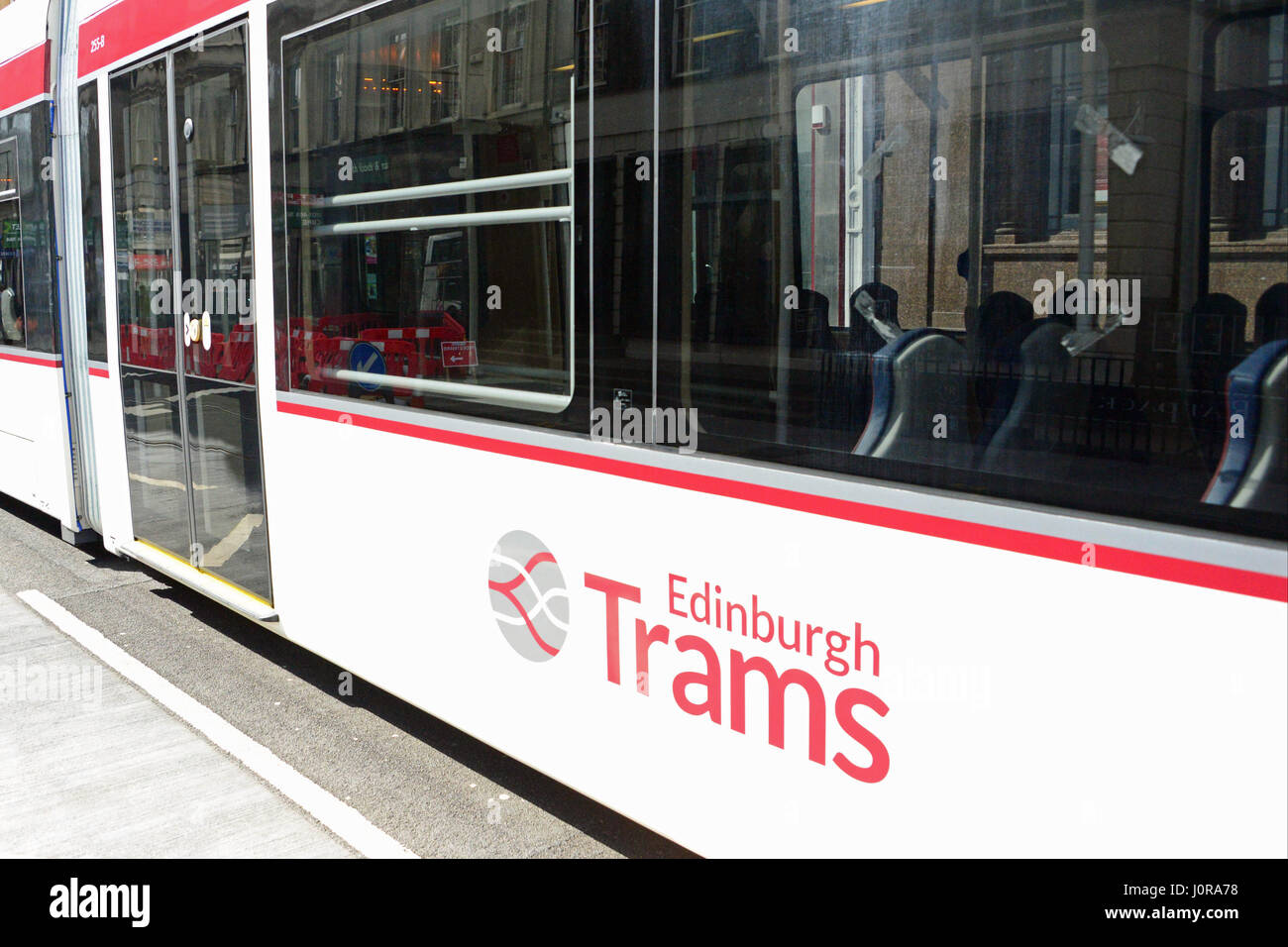 A tram in Edinburgh city centre in the final stages of testing for the capital's new tramway system Stock Photo
