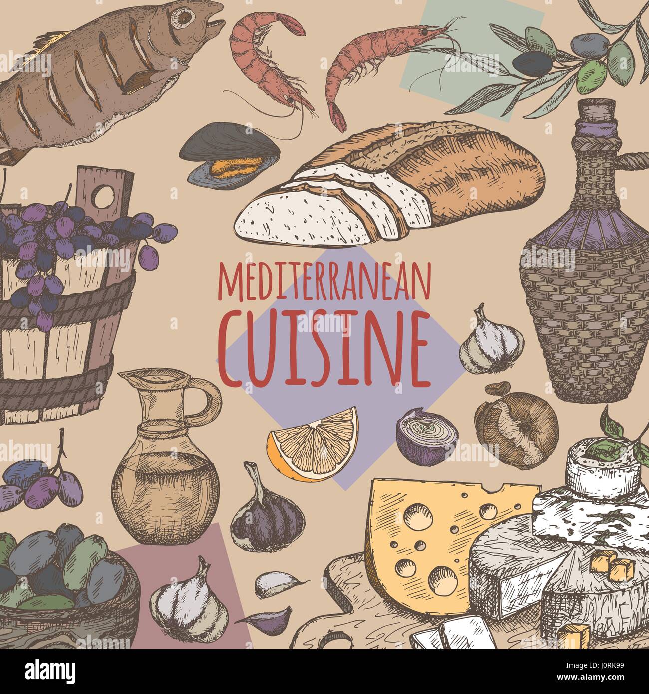 Color mediterranean cuisine template. with bread, vine, cheese, olives ...